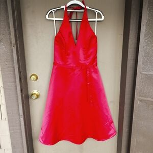 Jessica McClintock Bridal Vintage Holiday Red Satin Knee Length Halter Dress Bow